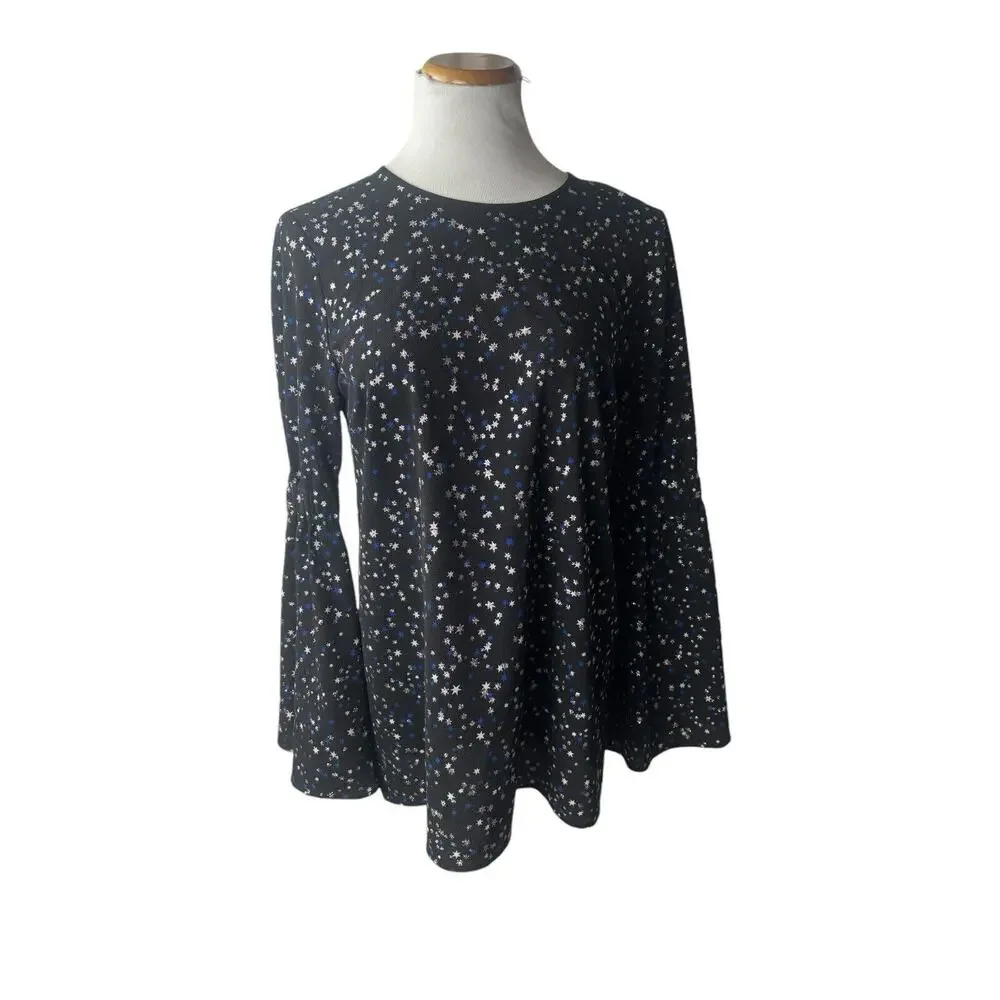 Michael Kors‎ Black celestial fairy Star Print Bell Sleeve Blouse Medium Sparkle